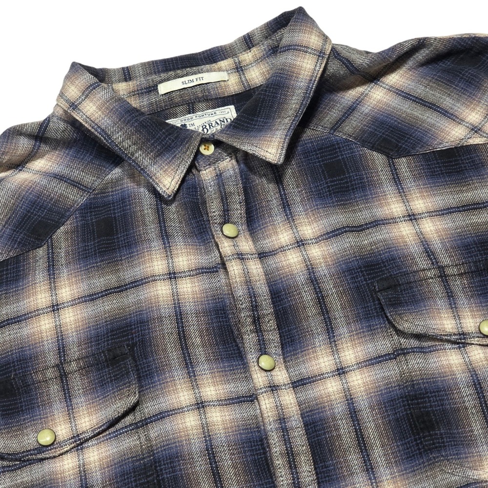 Lucky Brand Western Shirt XXL Blue Plaid Saturday Stretch Slim Fit Pearl Snap